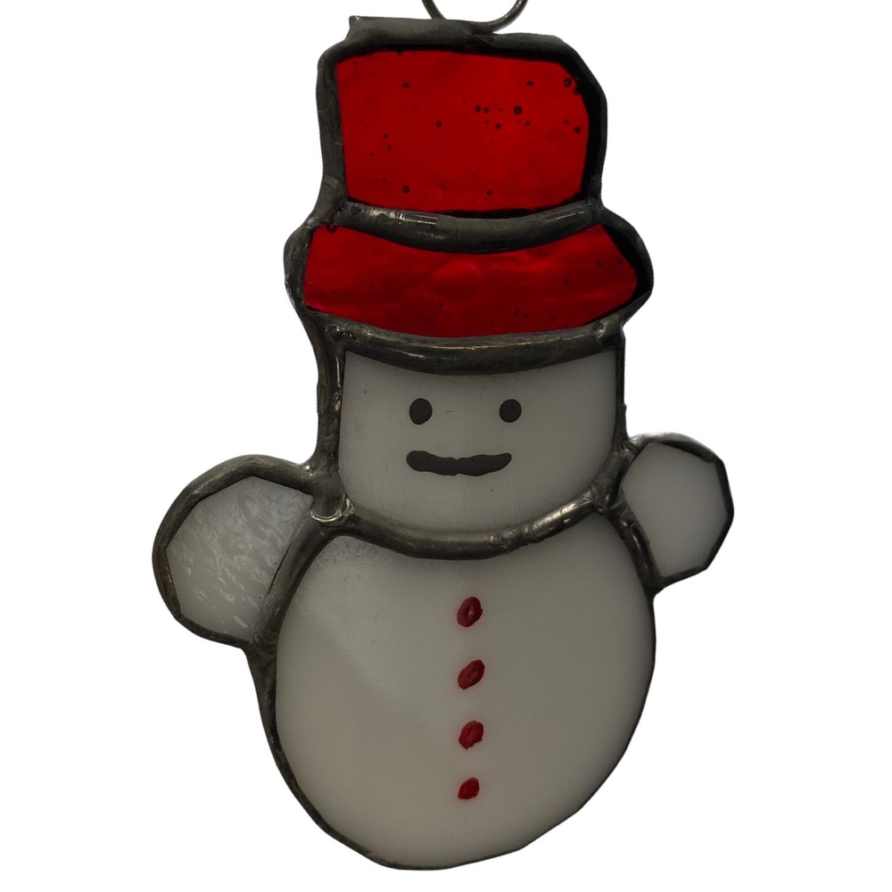 Artisan Handcrafted Stained Glass Snowman Ornament Red Hat Christmas Suncatcher